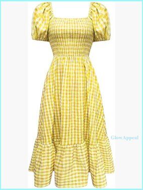 Puff Sleeve Gingham Maxi Dress Smocked Tiered Ruffle Summer Casual